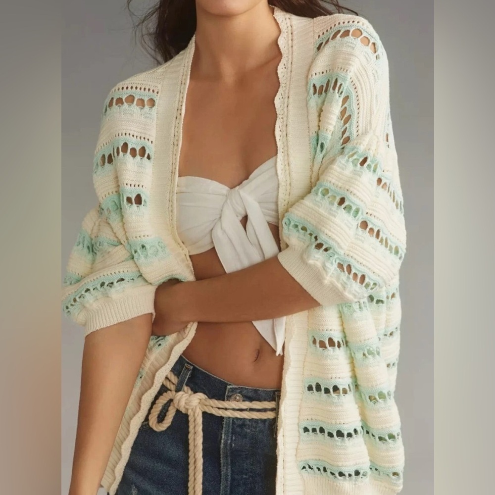 Maeve Anthropologie open stitch Cream Blue Knit cocoon Cardigan XS/S short